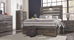 Burnt orange and teal colors accent a brown rustic finish in a replicated woodgrain with authentic touch. Large scaled dark colored handles. Cases feature a framed front and pilasters. All panel headboards (53,57,58,87) feature decorative matte black scon