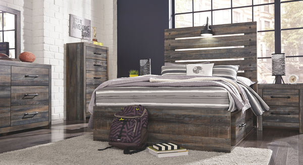 Burnt orange and teal colors accent a brown rustic finish in a replicated woodgrain with authentic touch. Large scaled dark colored handles. Cases feature a framed front and pilasters. All panel headboards (53,57,58,87) feature decorative matte black scon