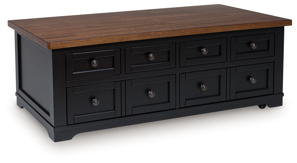 Raise the bar on modern farmhouse style with this lift-top coffee table. Its sturdy silhouette and casual good looks are accentuated with a two-tone finish, which pairs a warm satin black base with a contrasting butcher block veneer top. Combining form an