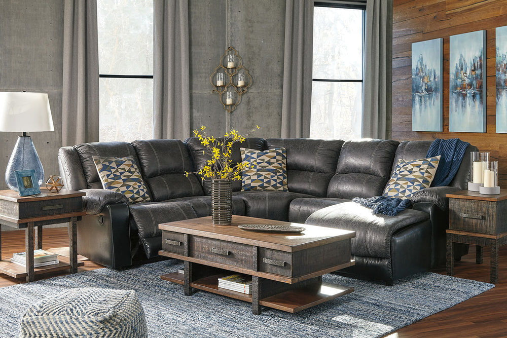 Thereâ€™s no â€œIâ€ in team, and youâ€™ll want everyone you know to feel the comfort of this sectional. Faux leather upholstery add a nice contrasting element to the plump cushions. Take it a step further with jumbo stitching that makes the distressed fi