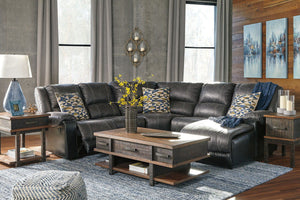 Thereâ€™s no â€œIâ€ in team, and youâ€™ll want everyone you know to feel the comfort of this sectional. Faux leather upholstery add a nice contrasting element to the plump cushions. Take it a step further with jumbo stitching that makes the distressed fi