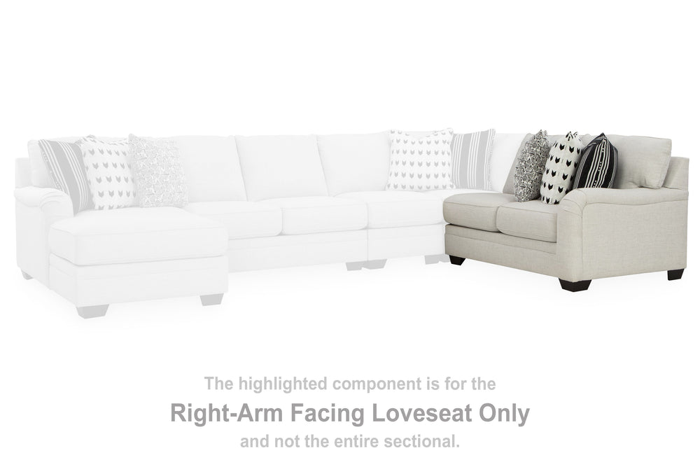 This right-arm facing loveseat is made with polyester/linen/viscose upholstery. Pairs with other items in the series to make a sectional.<br><br><b>Additional Dimensions</b><br><ul><li>Arm height: 27-"</li><li>Seat depth: 23-"</li><li>Seat height: 21-"</l