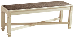The beauty of this upholstered dining bench is something to savor. Serving up comfort and flair, this generously scaled bench entices with a cushioned seat covered in a heavy woven fabric that complements the antiqued white finish.<br/><br/><b>Product Fea