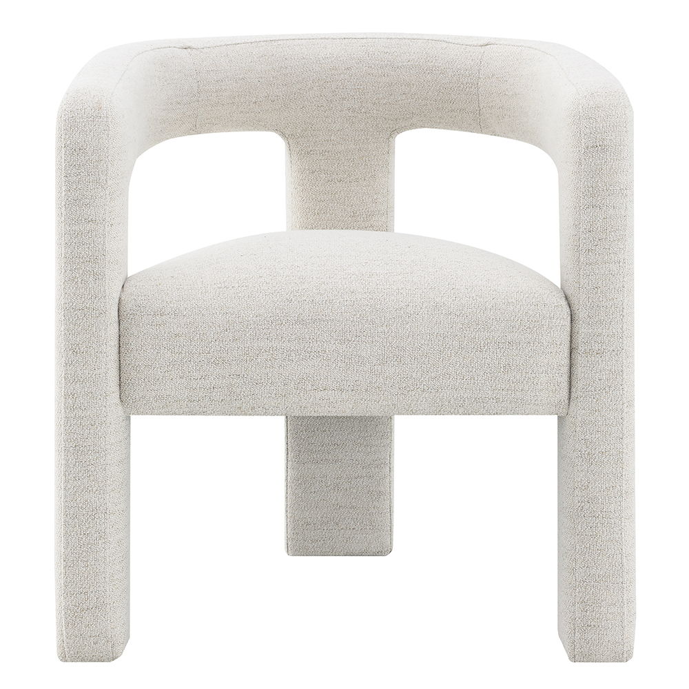 The Lomas collection side chair featuring a soft beige boucle fabric, exudes modern sophistication and comfort. Its unique design and plush texture make it a stylish addition to any living space, creating an inviting atmosphere for relaxation and conversa