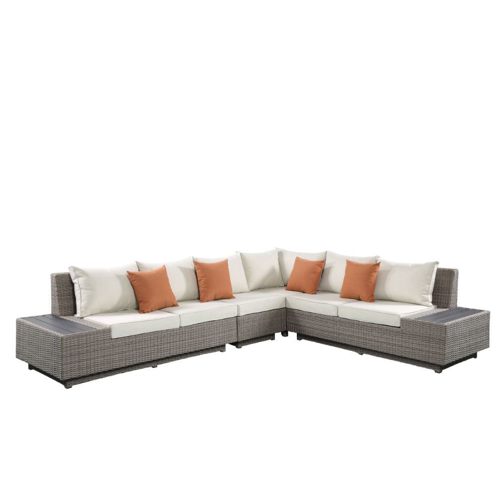 Modern classic styling paired with glamorous elements creates a unique addition to outdoor area in the Salena Collection. Beige fabric features subtle texture with a gray wicker outer body cloth providing visual interest. It comes with accent pillows and 