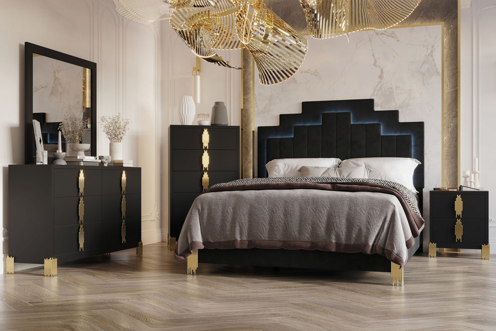 Experience the Empire 5 Piece Bedroom Set, a complete ensemble featuring a bed, dresser, mirror, chest, and nightstand, meticulously crafted for enduring quality and contemporary charm. Constructed from eco-friendly manufactured woods and adorned with a s