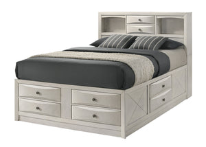  designed to blend modern functionality with sleek aesthetics. The centerpiece boasts a sophisticated headboard featuring built-in shelving and storage compartments