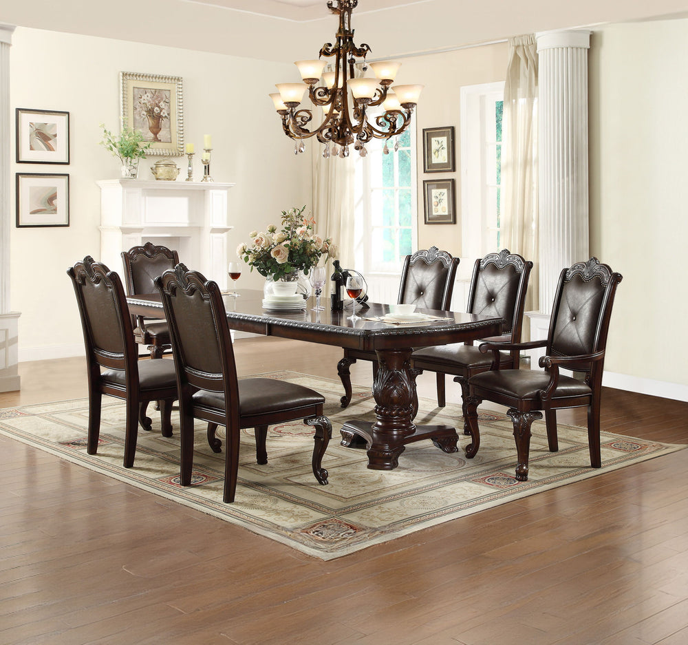 Elevate your dining experience with this exquisite and elegantly crafted set, designed to bring timeless sophistication to your home. The grand rectangular table features a rich, dark finish and intricately carved double pedestal base, making it the perfe