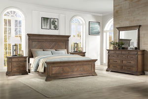 Discover the Mar Vista 5 Piece Bedroom Collection, a testament to timeless design and fine craftsmanship. This set includes a robust panel bed, a spacious 9-drawer dresser complemented by a mirror, and two versatile 2-drawer nightstands. Each piece is met