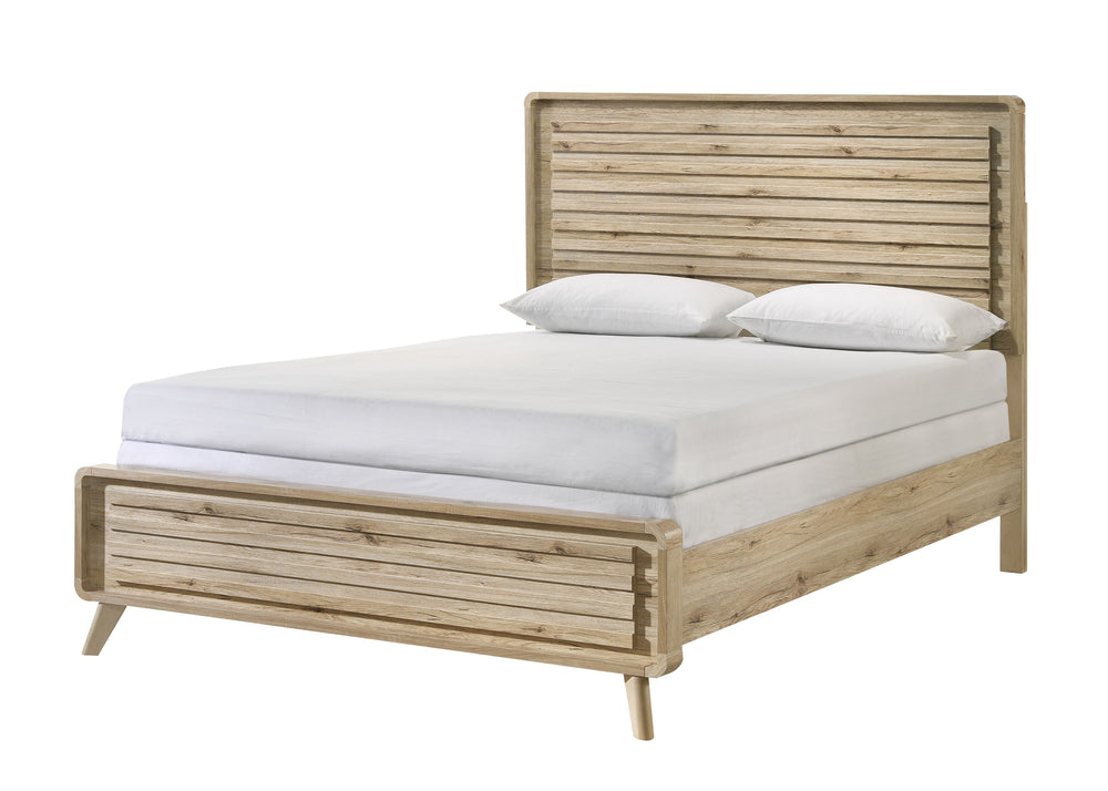 Create a serene and modern retreat with this thoughtfully designed bedroom collection, blending natural textures with contemporary charm. The centerpiece features a slatted headboard and footboard, highlighting a warm, wood-inspired finish that adds a sen