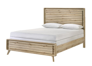  blending natural textures with contemporary charm. The centerpiece features a slatted headboard and footboard