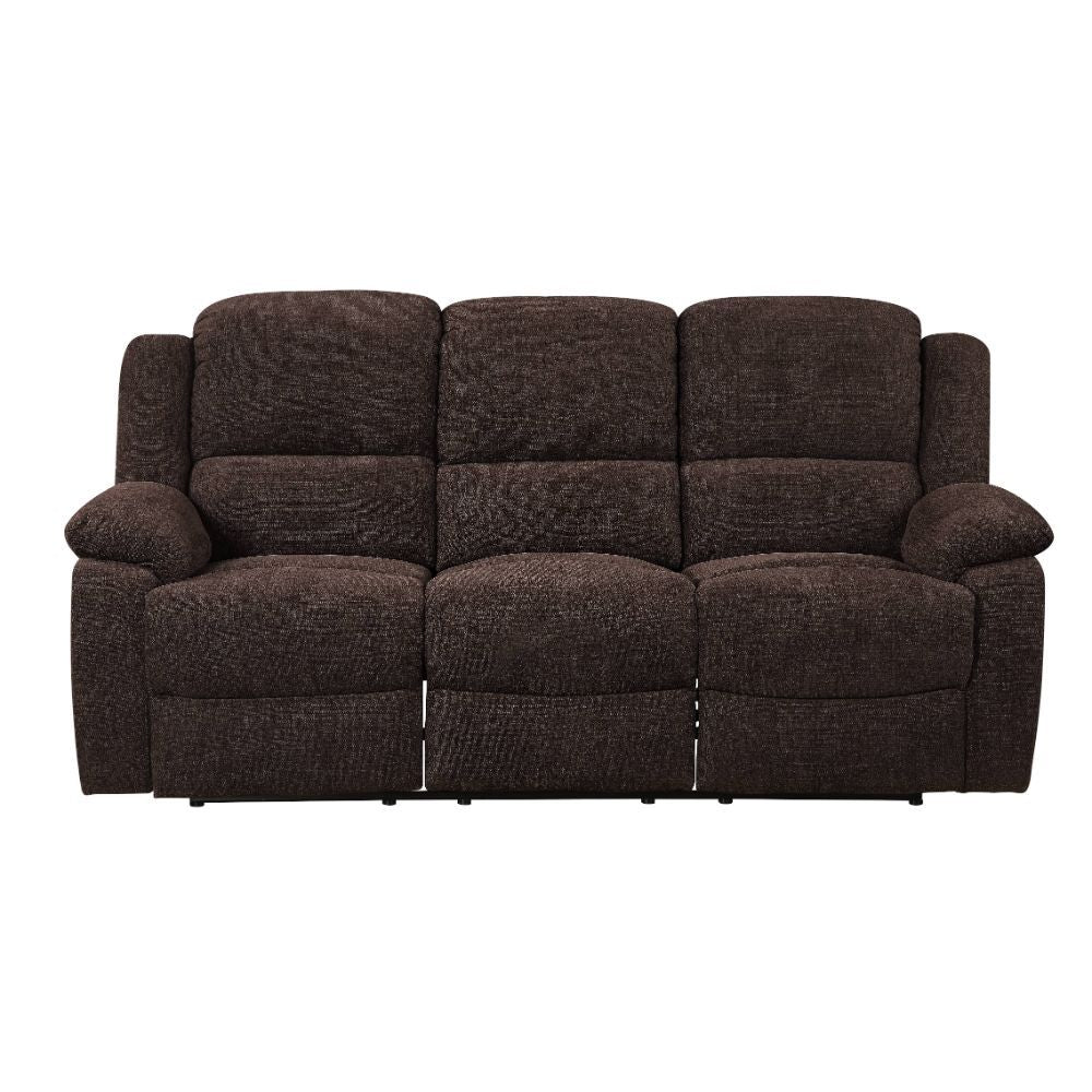 Upholstered in velvety brown chenille, the Kalen motion sofa set is not only supremely comfortable, but also durable. This is great news because once you sink into one of these pillowy seats, you wonâ€™t want to get up! The tight back and seat cushions an