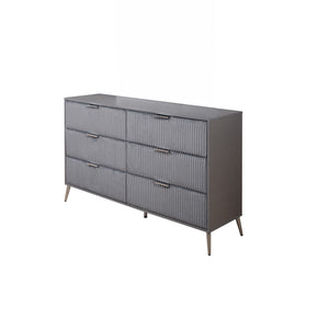 The Kailani 6 Drawer Dresser in gray combines modern minimalist design with durable, eco-friendly construction, making it a stylish and sustainable choice for any bedroom. Crafted from solid rubberwood, engineered wood, and eco-friendly decorative laminat