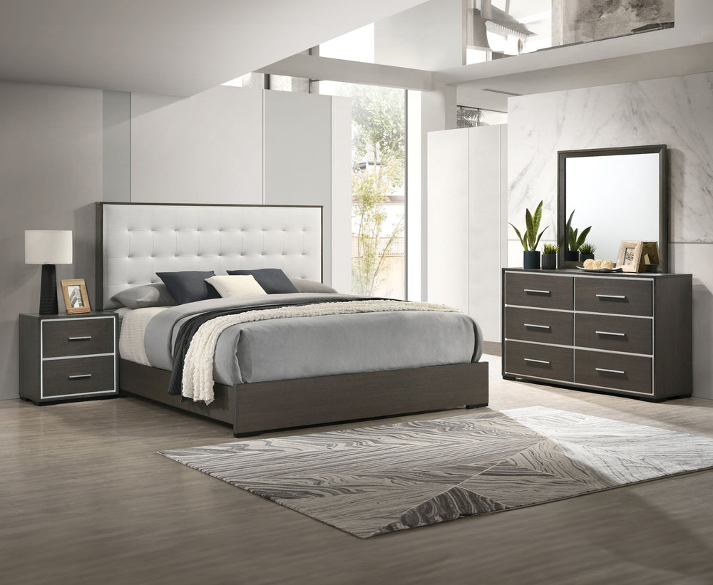 Discover the modern charm of this bedroom collection, featuring a clean-lined design with a warm dark finish. The centerpiece is a bed with a stylish tufted headboard, providing a touch of class. This set includes a matching dresser, chest, and nightstand