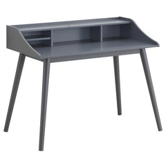 Complement your mid-century modern design theme with this sleek wood writing desk from the Percy collection. Slim, tapered legs and gently contoured lines give an iconic silhouette to this practical piece. The attached organizer hutch offers a wide top sh
