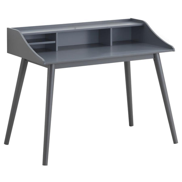 Complement your mid-century modern design theme with this sleek wood writing desk from the Percy collection. Slim, tapered legs and gently contoured lines give an iconic silhouette to this practical piece. The attached organizer hutch offers a wide top sh
