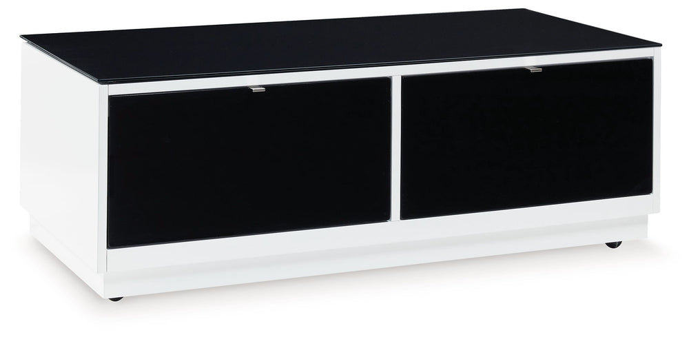 Combining a high-gloss white finish with a black glass tabletop, this coffee table proves opposites really do attract. It-'s the perfect blend of modern style and functionality, with two roomy drawers for storing essentials and a large open display shelf 