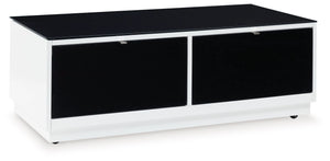 Combining a high-gloss white finish with a black glass tabletop, this coffee table proves opposites really do attract. It-'s the perfect blend of modern style and functionality, with two roomy drawers for storing essentials and a large open display shelf 