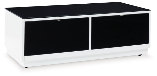 Combining a high-gloss white finish with a black glass tabletop, this coffee table proves opposites really do attract. It-'s the perfect blend of modern style and functionality, with two roomy drawers for storing essentials and a large open display shelf 