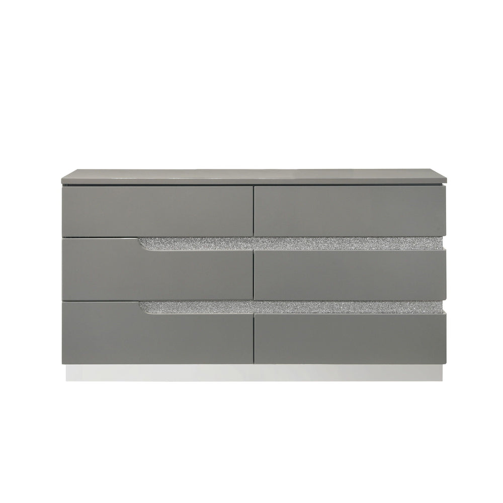 The Paradox Six Drawer Dresser in Gray combines contemporary appeal with robust functionality. Its gleaming Gray gloss laminate finish offers a sleek, modern look while providing the practical benefits of scratch and water resistance. Crafted from a combi