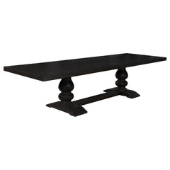 Celebrate a curvy, dramatic silhouette that adds an artful elegance to a formal space. This formal dining table offers a lush antique noir finish wood construction with a polished aesthetic. Its trestle-style base reflects sensual tapering and supports be