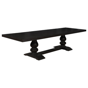 Celebrate a curvy, dramatic silhouette that adds an artful elegance to a formal space. This formal dining table offers a lush antique noir finish wood construction with a polished aesthetic. Its trestle-style base reflects sensual tapering and supports be
