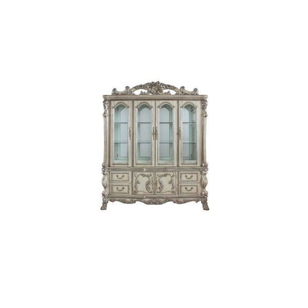Hutch & Buffet STORAGE: HUTCH) 4 Glass Doors (3 Compartments with 2 Glass Shelves) BUFFET) 4 Drw, 2 Doors () Hutch w/Touch Light & Mirrored Back Panel Wooden Case Frame with Oversized Crown & Claw Leg (Poly-Resin Floral Motifs & Trim)<br/><br/><b>Product 