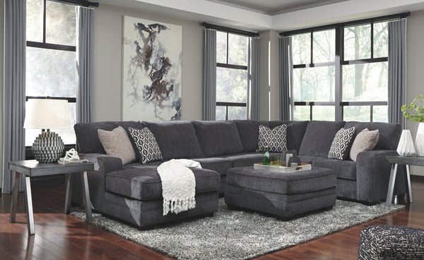 Talk about easy street. This effortlessly chic sectional set puts you at the intersection of cool and comfortable. Ultra-deep seats are custom made for afternoon naps and movie night marathons. So plush to the touch, the sectionalâ€™s slate gray upholster