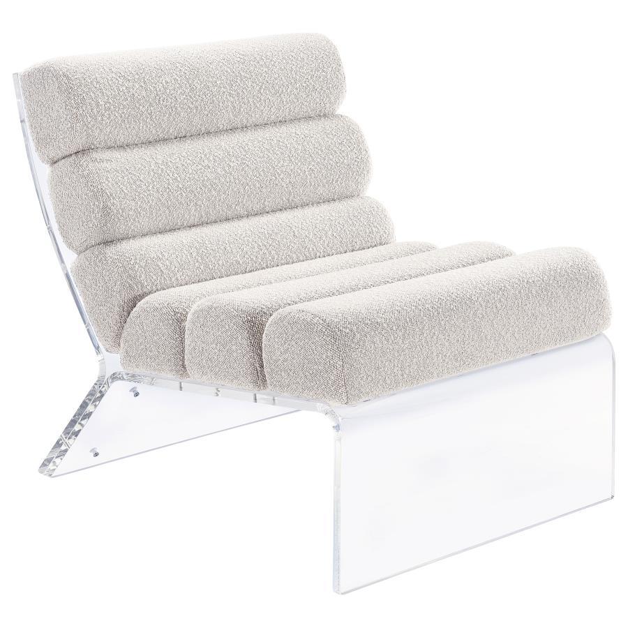 Discover a fusion of contemporary design and luxurious comfort in this accent lounge chair, where horizontal channeling meets the rich texture of bouclÃ© fabric. The thick, clear acrylic frame, crafted with the highest quality, surrounds the upholstered e