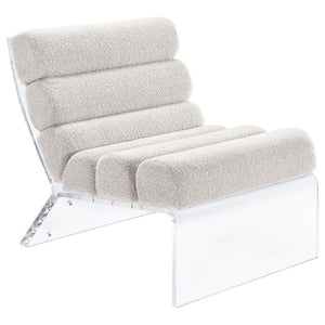 Discover a fusion of contemporary design and luxurious comfort in this accent lounge chair, where horizontal channeling meets the rich texture of bouclÃ© fabric. The thick, clear acrylic frame, crafted with the highest quality, surrounds the upholstered e