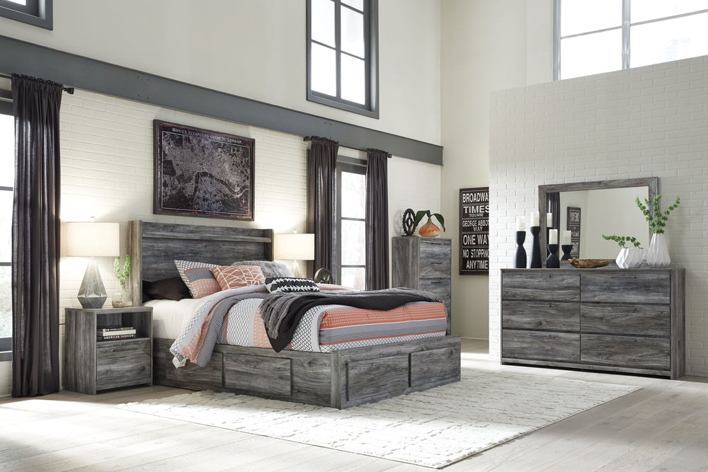 Baystorm - 7 Pc. - Dresser, Mirror, Queen Panel Bed with 6 Storage Drawers - Gray