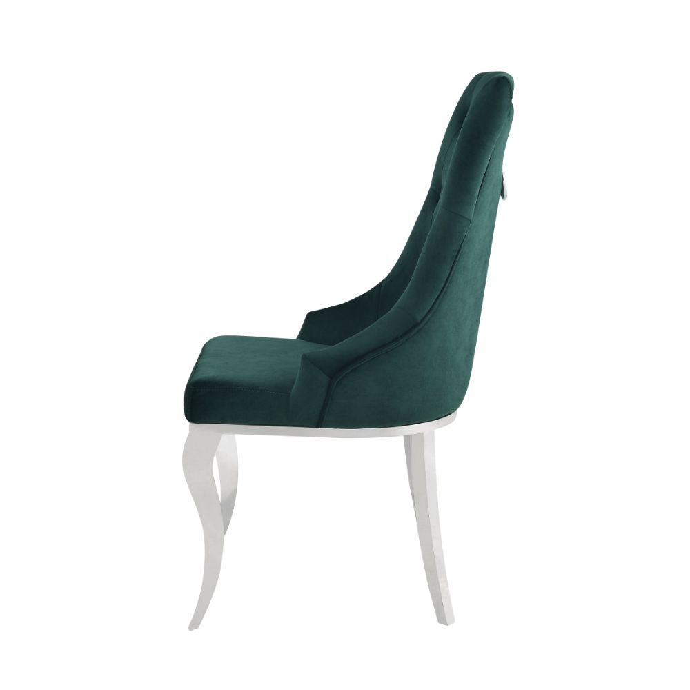 Dining Chair (High Back) Stationary Seat: Standard Dining Height Padded SEAT & BACK: Fabric () Stainless Steel Apron Seat Padded Backrest (Inside Button Tufted, Outside Ring) [sc] Stainless Steel Cabriole Leg Sloped Low Armrest: Padded<br/><br/><b>Product