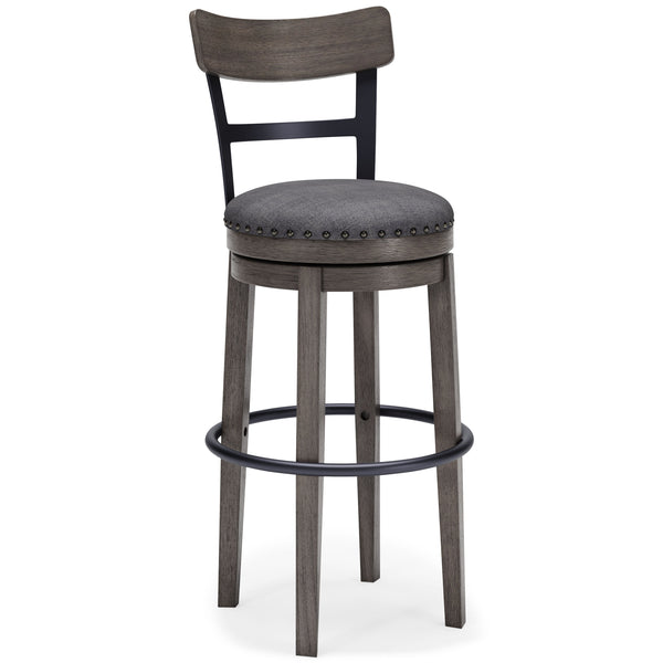 Bring a relaxed yet refined sense of good taste to a space with this upholstered swivel bar stool. The sturdy wood frame with contoured backrest is beautified with an antiqued gray wash finish thatâ€™s easy on the eyes. Rest assured, this bar stool caters