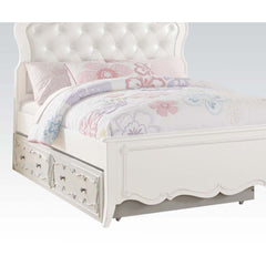 Create the dream bedroom for your little girl with Edalene collection. Beautiful accents are seen throughout including clear rosette knobs and tapered legs. The bed features a pearl white tufted headboard. With many storage options and details like floral