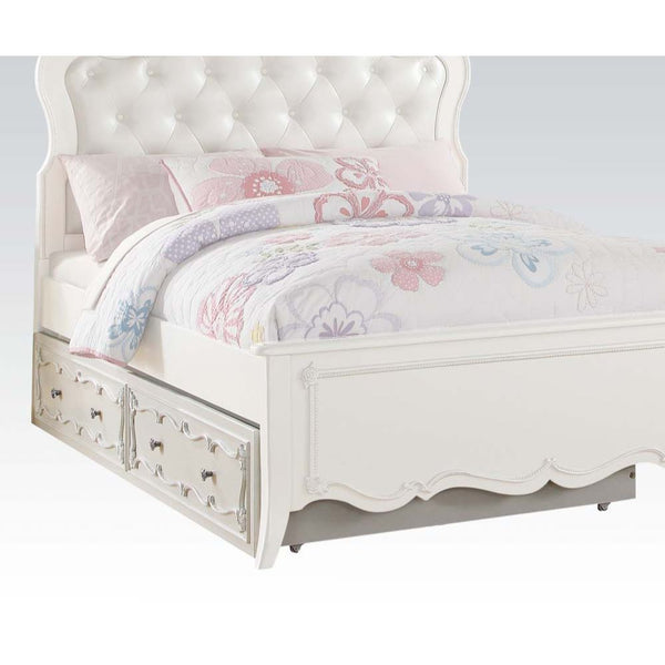 Create the dream bedroom for your little girl with Edalene collection. Beautiful accents are seen throughout including clear rosette knobs and tapered legs. The bed features a pearl white tufted headboard. With many storage options and details like floral