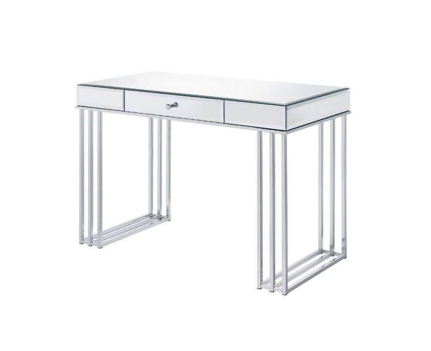 KDâ€¢ Rectangular Writing Deskâ€¢ 1 Storage Drawerâ€¢ Metal Baseâ€¢ Side Metal Drawer Glideâ€¢ 1/2 Extension Drawer Glide<br/><br/><b>Product Features</b><ul><li>Case: 1Pc/1Ctn</li><li>Finish: Mirrored and Chrome Finish</li><li>Style: Contemporary</li><li