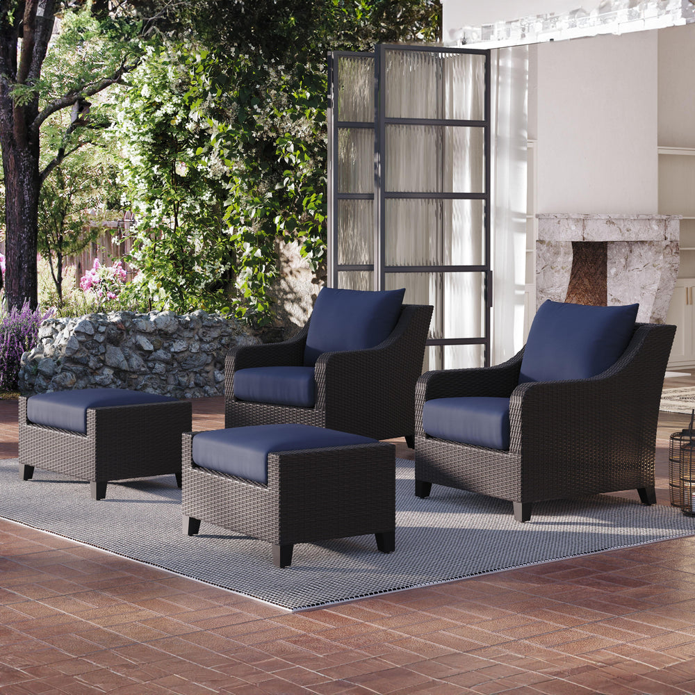 Introducing the Skye Outdoor Patio Chair and Ottoman Set in rich Navy Blue, a must-have addition to your outdoor space. Comprised of 2 Club Chairs and matching Ottomans, the Skye is crafted with durable aluminum frames and a baked-on powder finish to ensu