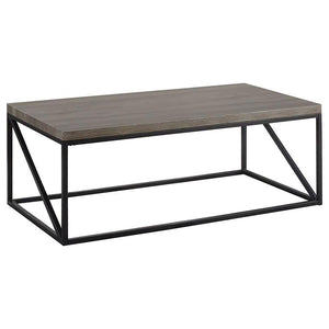 Add modern appeal to your living room with this stylish coffee table. The engineered wood top with a scratch-resistant laminate veneer in a sonoma grey finish provides a wood-like texture with lasting durability. Its black powder-coated metal frame enhanc
