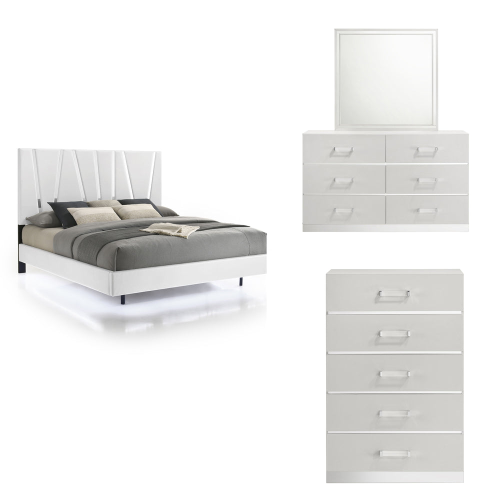 The Europa 4 Piece Bedroom Set in white offers a sophisticated and modern design for your bedroom. This set includes a panel bed along with a dresser, mirror, and chest. The sleek look is achieved with a majestic headboard, glossy white finish, acrylic dr