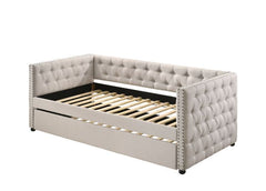 Maximize the space in your guest room with this Romona daybed & trundle. An excellent choice for any guest room that doubles as a study, or as extra sleeping space in a bedroom. Beautiful, timeless details such as button tufting and nail-head trim accents