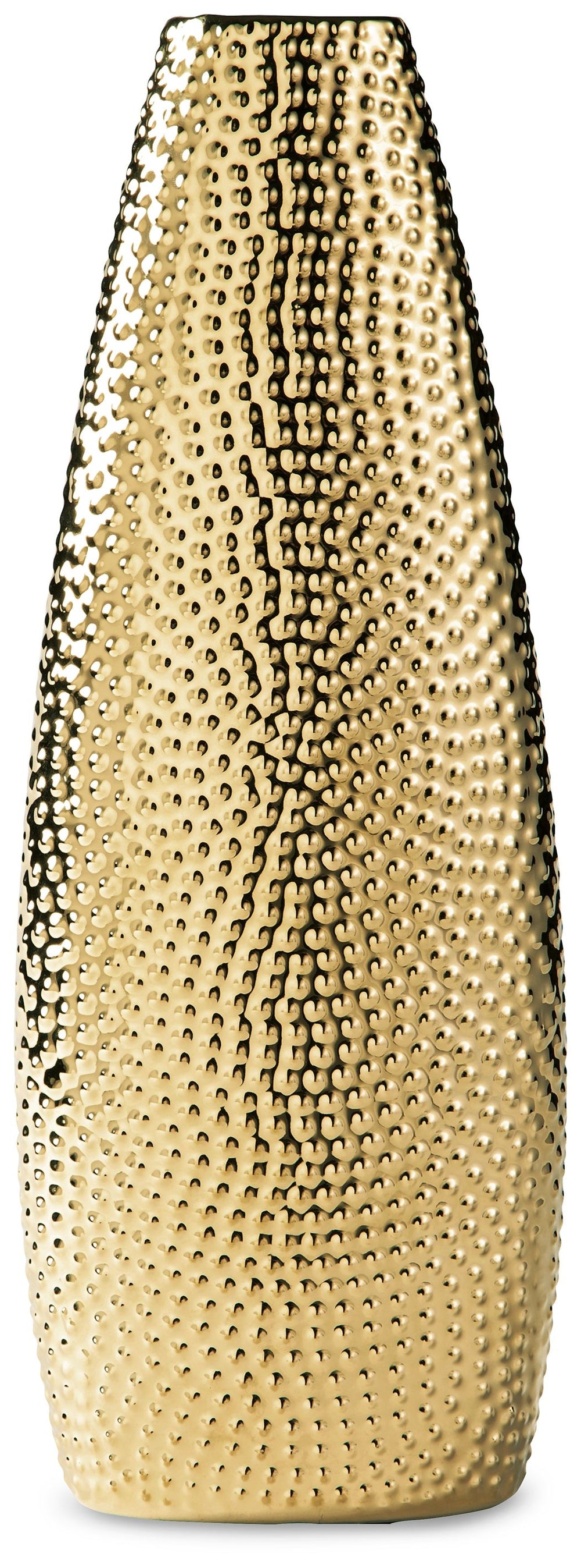 Upgrade your interiors with the elegant look of gold. This glazed goldtone ceramic vase is a beautiful way to display a floral arrangement. But it also draws attention even when sitting empty on a mantel, tabletop or other surface.<br/><br/><b>Product Fea