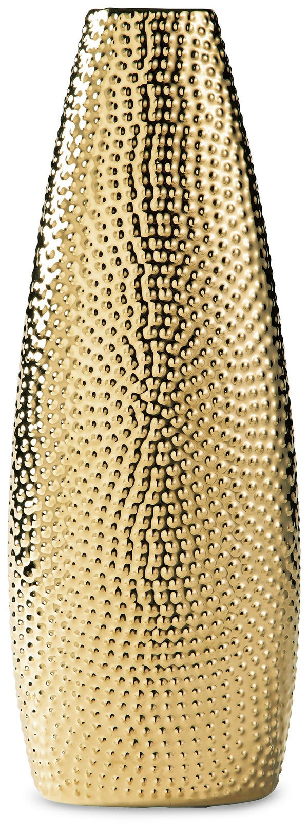 Upgrade your interiors with the elegant look of gold. This glazed goldtone ceramic vase is a beautiful way to display a floral arrangement. But it also draws attention even when sitting empty on a mantel, tabletop or other surface.<br/><br/><b>Product Fea