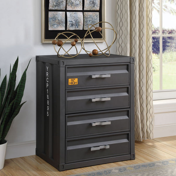 Bold industrial accents exude a funky New York loft vibe that makes an immediate impact to your space. The Cargo Dresser embodies true industrial design with warehouse style. It features a unique shipping container appearance, with gunmetal finish enhanci