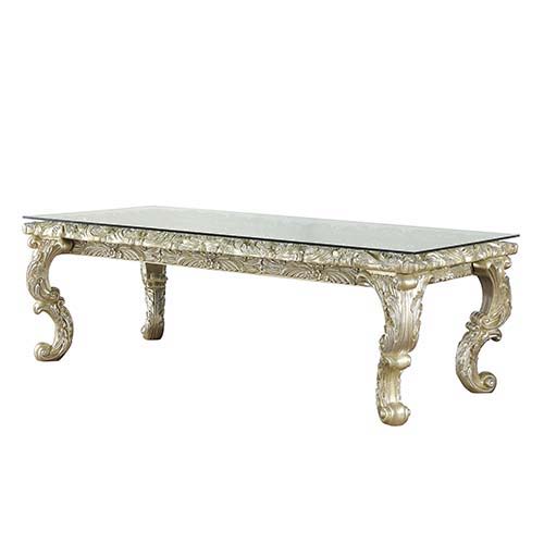 Vatican - Dining Table - Beige - 99-"<br/><br/><b>Product Features</b><ul><li>Fixed Table Top</li><li>Leg Table</li><li>Sculpture Floral & Upholstery Chair</li><li>Button Tufted</li><li>Curio w/4 Tier Shelf</li><li>Case: 1Set/4Ctn</li><li>Finish: Champagn