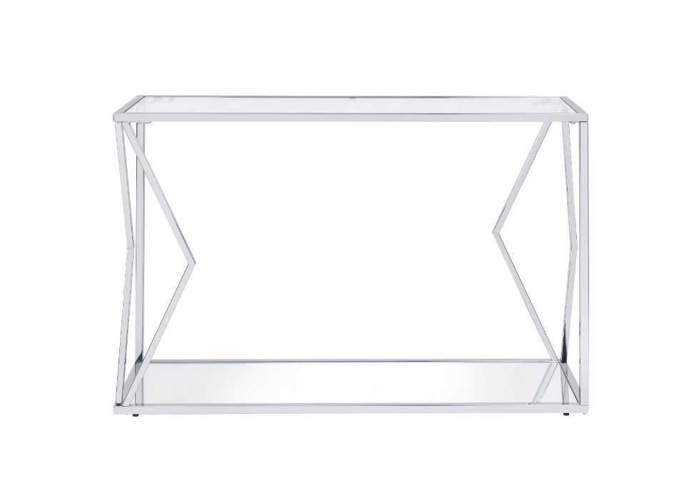 Full of sleek, visually-appealing lines, the sofa table exudes a clean and open design. Sturdy metal frame features ultra-clean lines and a contemporary aesthetic, with a chrome finish enhancing the metallic textures. Clear glass table top and bottom shel