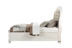 Jaqueline - Queen Bed With Storage - Light Gray Linen & Antique White Finish