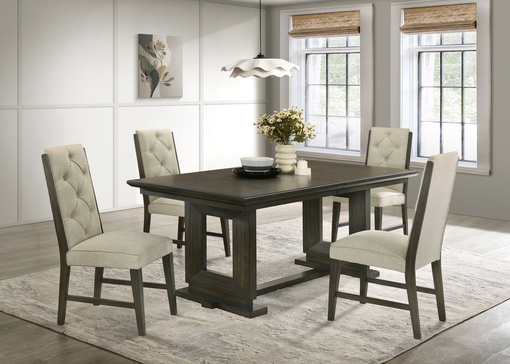 Bring a perfect blend of style and comfort to your dining space with this beautifully designed set. Featuring a sleek, dark-finished table with a sturdy trestle base, it provides a durable and inviting surface for everyday meals and gatherings. The uphols