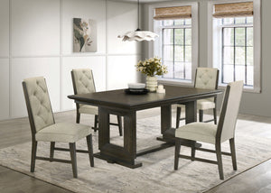 Bring a perfect blend of style and comfort to your dining space with this beautifully designed set. Featuring a sleek, dark-finished table with a sturdy trestle base, it provides a durable and inviting surface for everyday meals and gatherings. The uphols