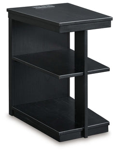 If you are a lover of simplicity, this chairside end table is the perfect choice. Its black finish, casual contemporary design and spacious storage capacity provide functional style wherever itâ€™s displayed. And with conveniently located USB charging por