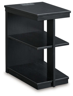 If you are a lover of simplicity, this chairside end table is the perfect choice. Its black finish, casual contemporary design and spacious storage capacity provide functional style wherever itâ€™s displayed. And with conveniently located USB charging por